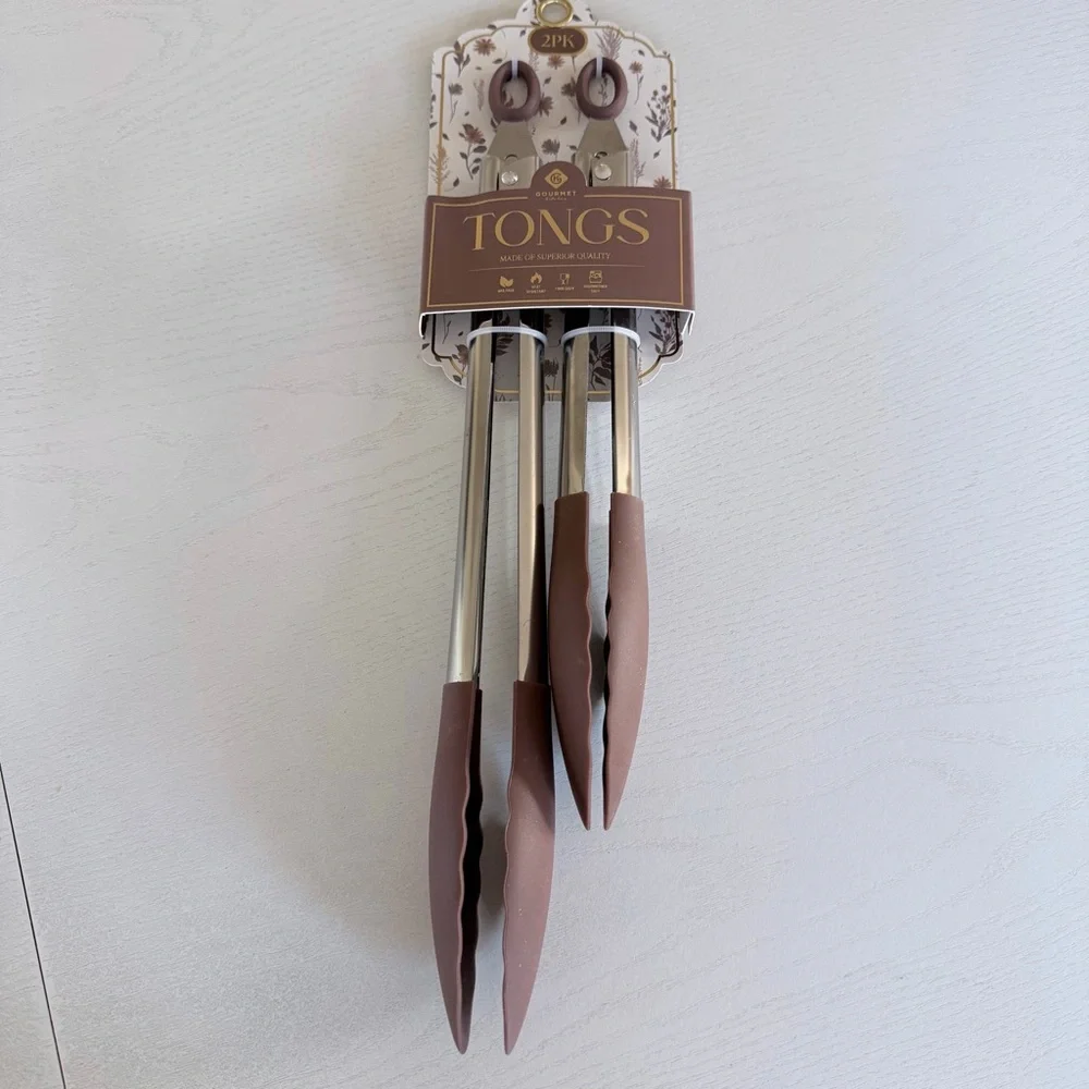 Brown and Silver Gourmet Superior Quality Kitchen Tongs Set of 2
